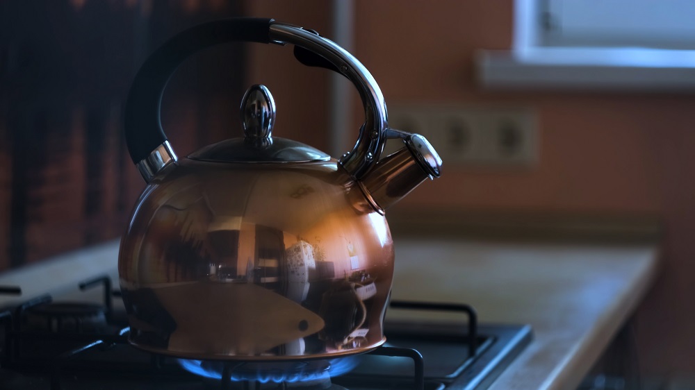 Kitchen Staging Secret - Add a Shiny Tea Kettle to the Stove